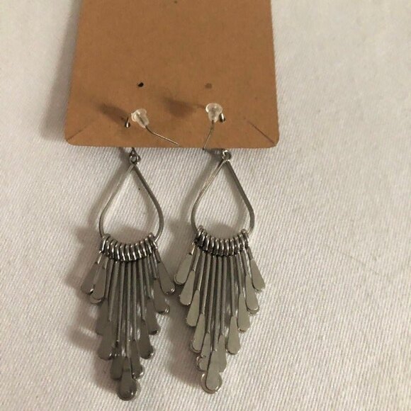 Open Teardrop Bar Rhinestone Silver Tone Pierced Dangle Earrings - Picture 2 of 4